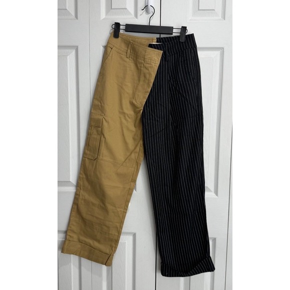 Choosy Pants - NWT Choosy Two-Tone Pinstripe Cargo Pants Women's 2 Tan Black Pull-On Wide-Leg